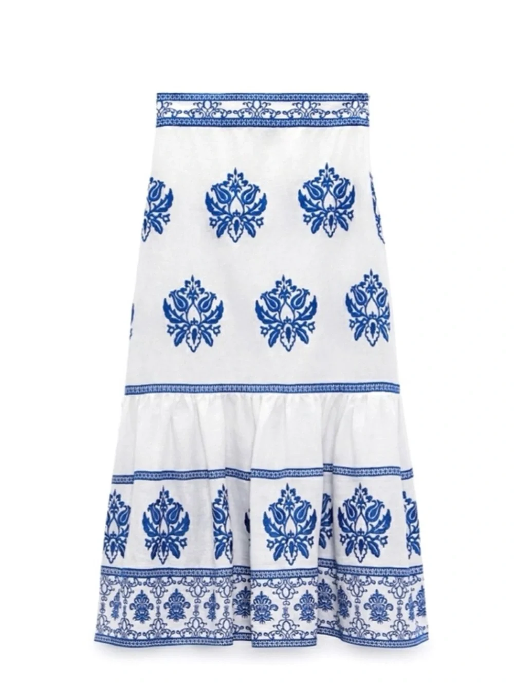 NWT - ZARA White & Blue Floral Print Tiered Maxi Skirt Size XS - Picture 2 of 6